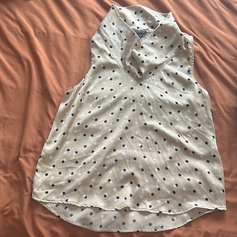 Ann Taylor Beige Sleeveless Cowl Neck Polka Dot Top